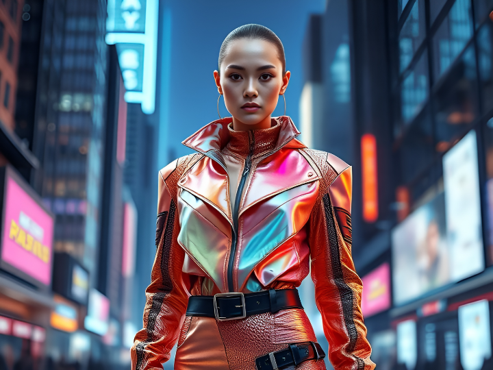 A high-fashion model wearing a futuristic ensemble made of hyper-real textures, featuring iridescent, color-shifting fabric and reptilian-inspired faux leather, set against a neon-lit digital cityscape.