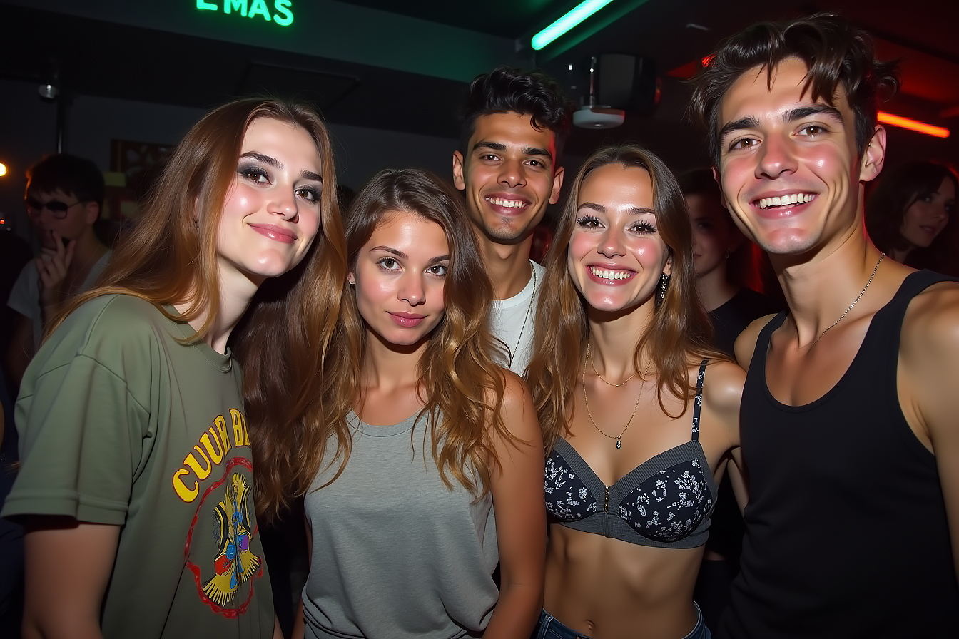Flash photography captures a messy, glamorous house party scene with young people in edgy, vintage-inspired outfits, embodying the chaotic energy of Indie Sleaze.