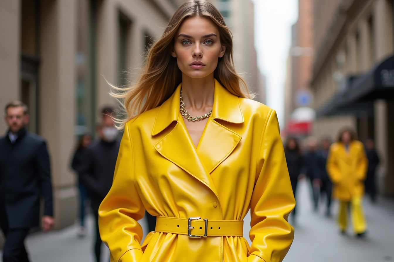 A confident woman strutting down the city streets in a striking monochrome yellow outfit. She pairs a structured marigold blazer with matching tailored pants, exuding bold sophistication. The sun casts a golden glow, making her outfit radiate even more vibrantly.