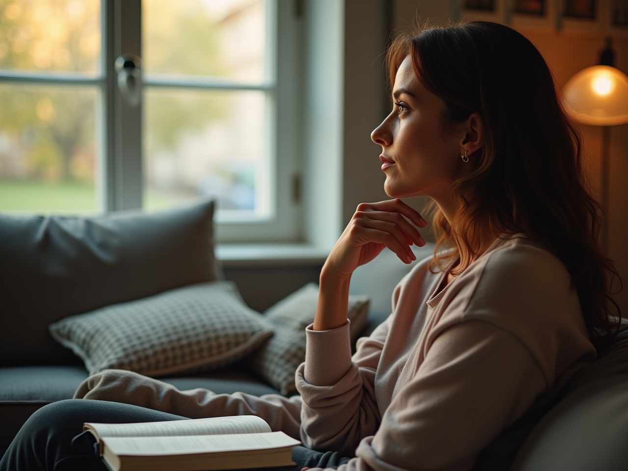 A woman sitting alone in a softly lit room, deep in thought with an open notebook beside her, symbolizing self-reflection.