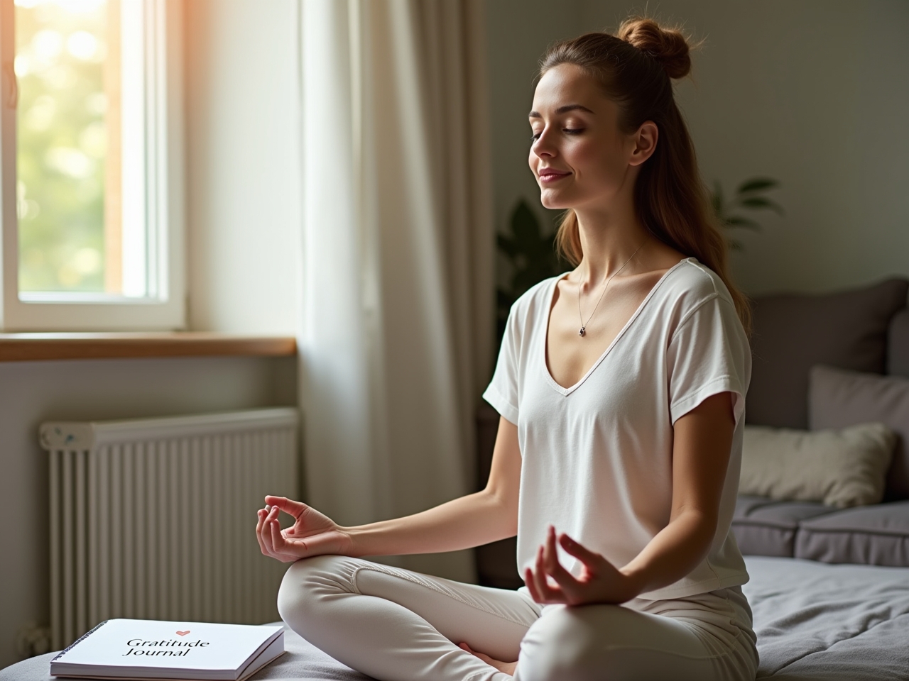 A serene woman practicing mindfulness by a window, reflecting inner peace and positive mindset.