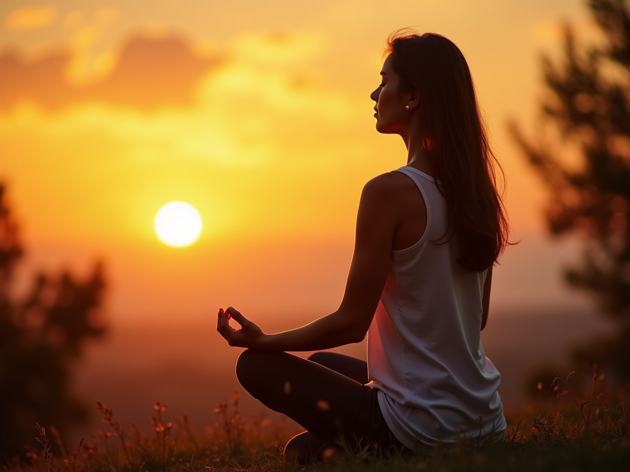 An woman meditating at sunrise, symbolizing the daily choice of happiness and inner peace.