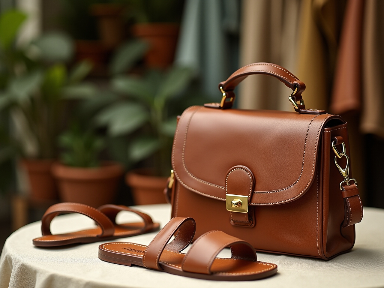 Close-up of mushroom leather accessories including a handbag and sandals displayed on a natural fabric surface under soft sunlight.