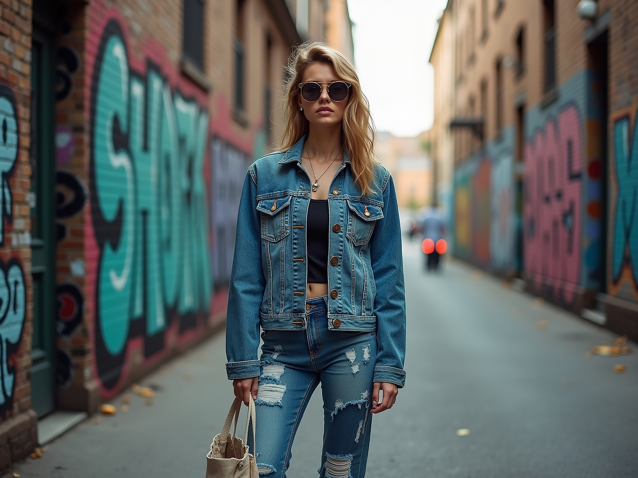 Woman wearing an upcycled denim jacket and jeans in an urban setting, showcasing patchwork details and sustainable street style.