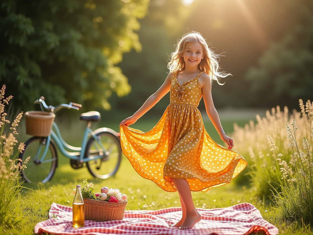 Girl in a vintage-inspired floral dress enjoying a picnic on a sunny day, surrounded by nature and retro elements.