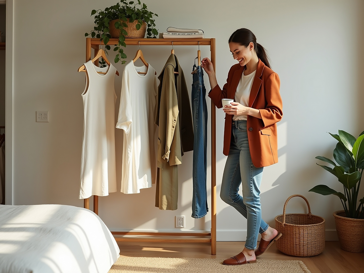 Minimalist capsule wardrobe with sustainable staples like a linen dress, organic tee, vintage blazer, and upcycled denim in earthy tones.