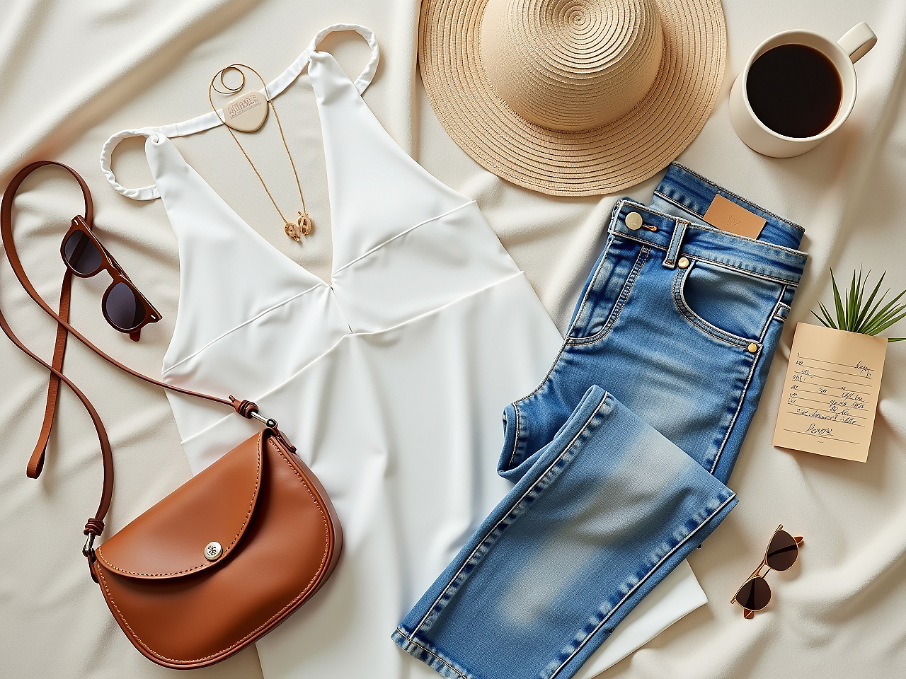 Flat lay of sustainable summer fashion hacks including a zero-waste dress, upcycled jeans, mushroom leather bag, and eco accessories.