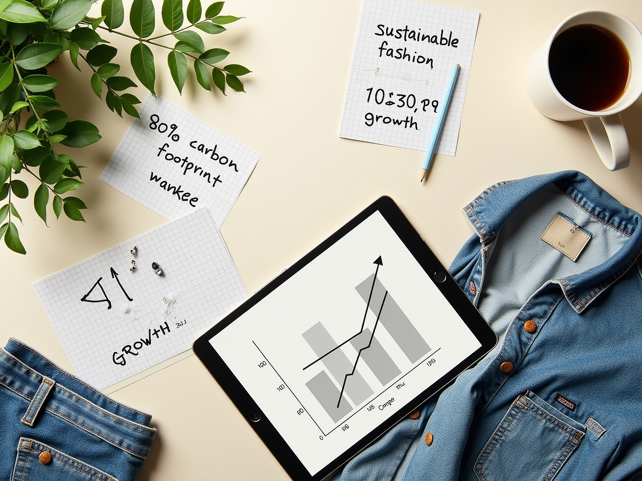 Infographic flat lay showing sustainable fashion facts, growth stats, and carbon footprint reduction through upcycled and secondhand fashion.