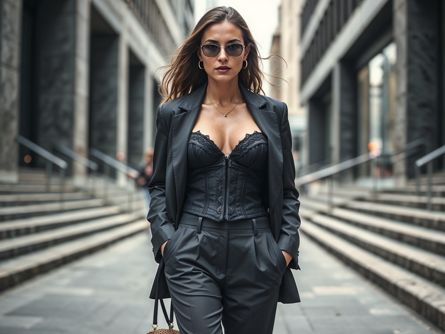 Woman wearing a structured bralette styled with a blazer and trousers, representing the 2025 trend of lingerie-as-outerwear and confident power dressing.