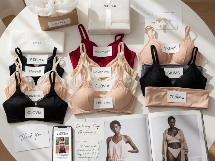 Collection of stylish bras and packaging from emerging lingerie brands, reflecting the rise of indie makers and inclusive sizing trends in 2025.