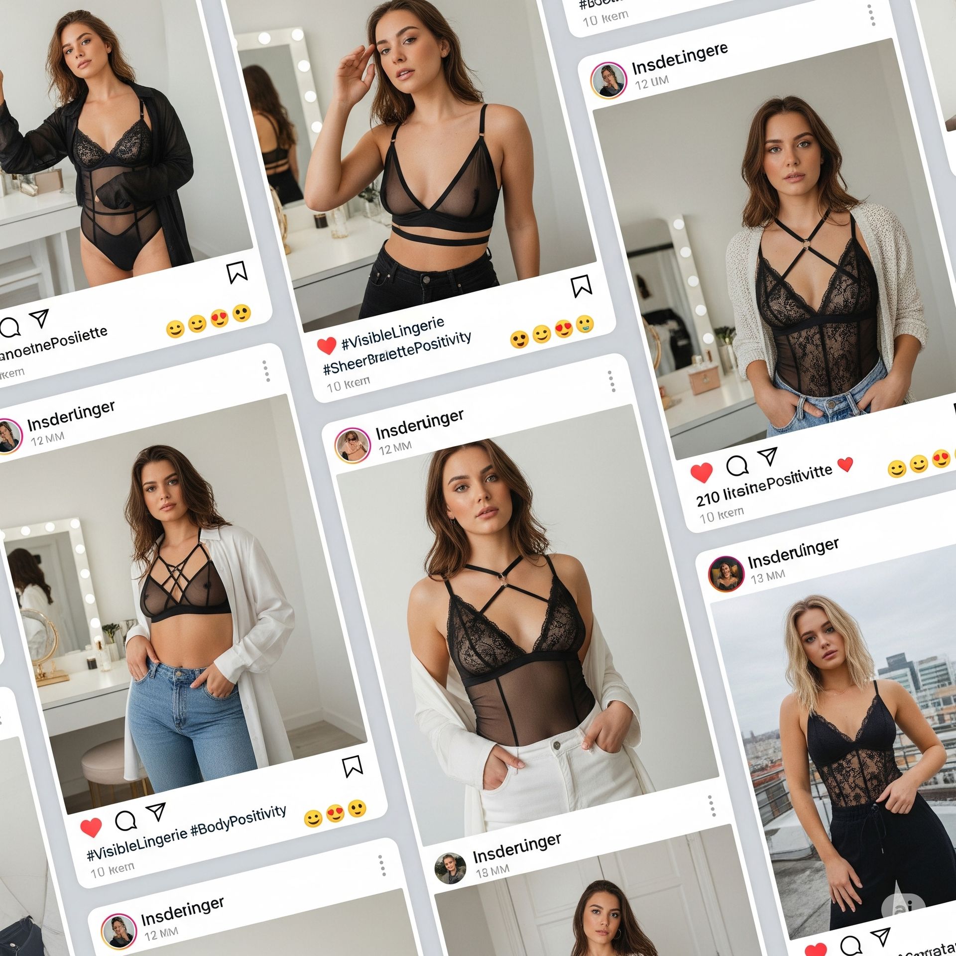 Influencer social media posts showing bold lingerie styles, including bralettes and mesh bodysuits, highlighting 2025’s visible lingerie and body positivity trends.