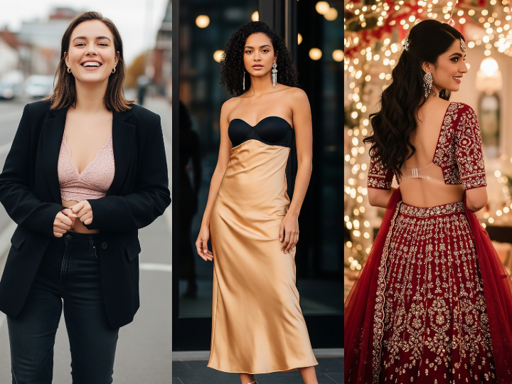 Three women styled in different outfits—a lace bralette with a blazer, a strapless bra with an evening dress, and an invisible-strap bra under a festive lehenga—demonstrating how to wear bras confidently for every occasion.