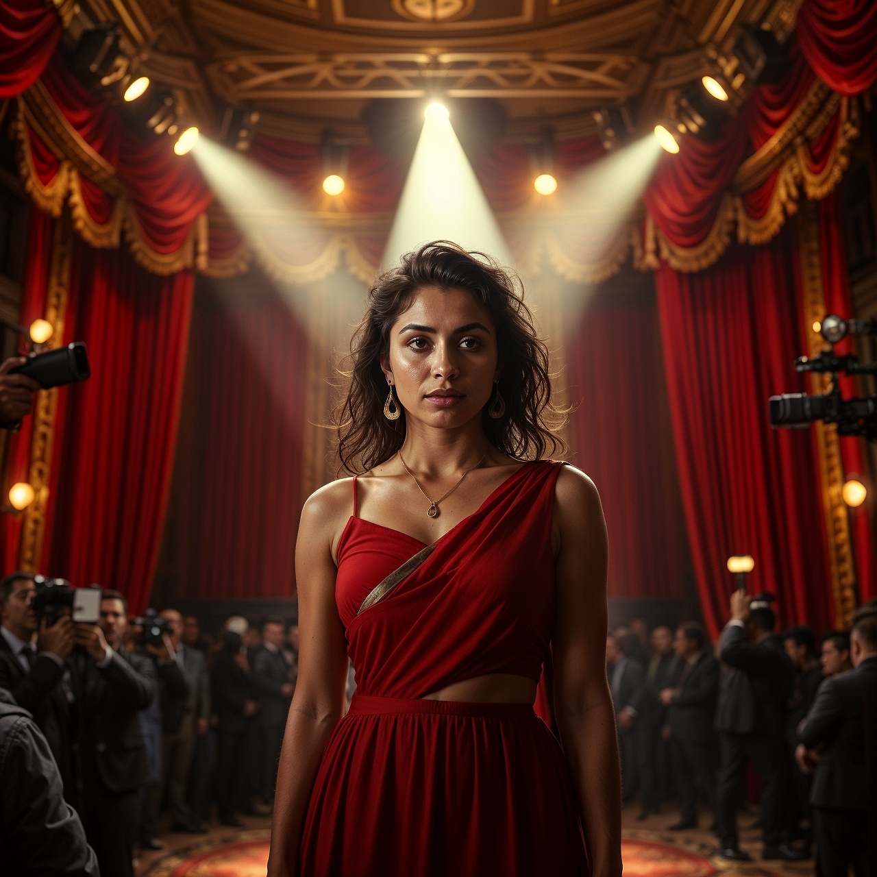Indian fashion model in red dress standing under spotlight at glamorous event, symbolizing the truth behind overnight fame illusion.