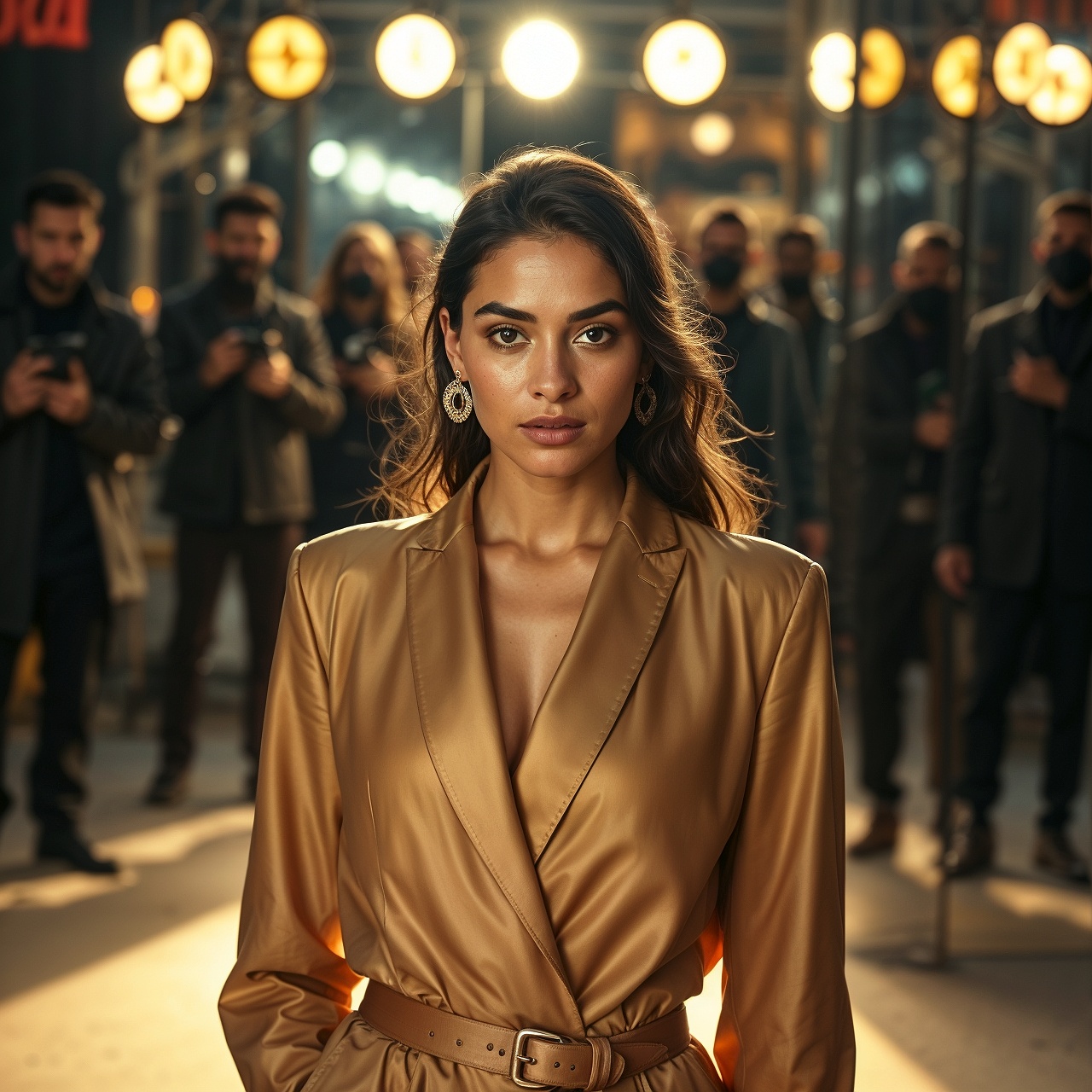 Indian fashion model surrounded by masked industry figures in studio, symbolizing the illusion and reality of the modeling profession.