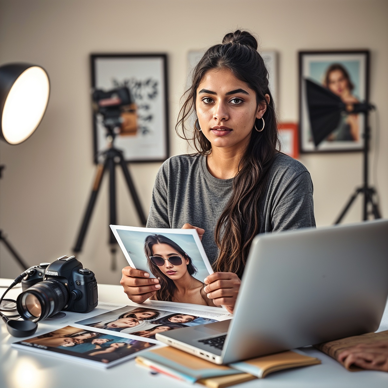 Aspiring Indian fashion model in photo studio reviewing portfolio prints and preparing for a professional career with honesty.