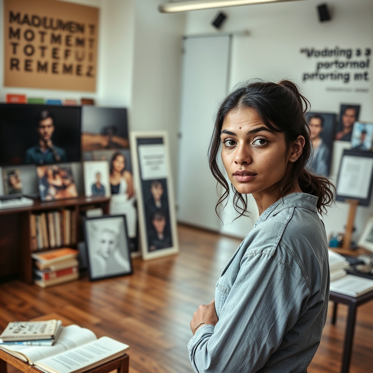 Indian model practicing in a creative studio with books, mirrors, and runway videos, highlighting modeling as a craft beyond posing.