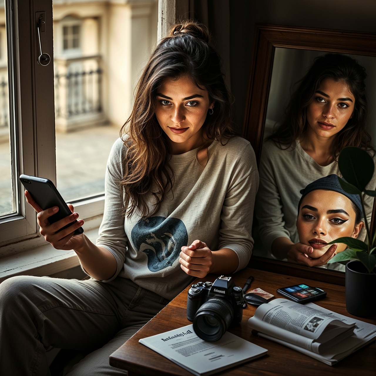 Indian model sitting by a window with social media visuals on one side and a physical modeling portfolio and career tools on the other, symbolizing balance.