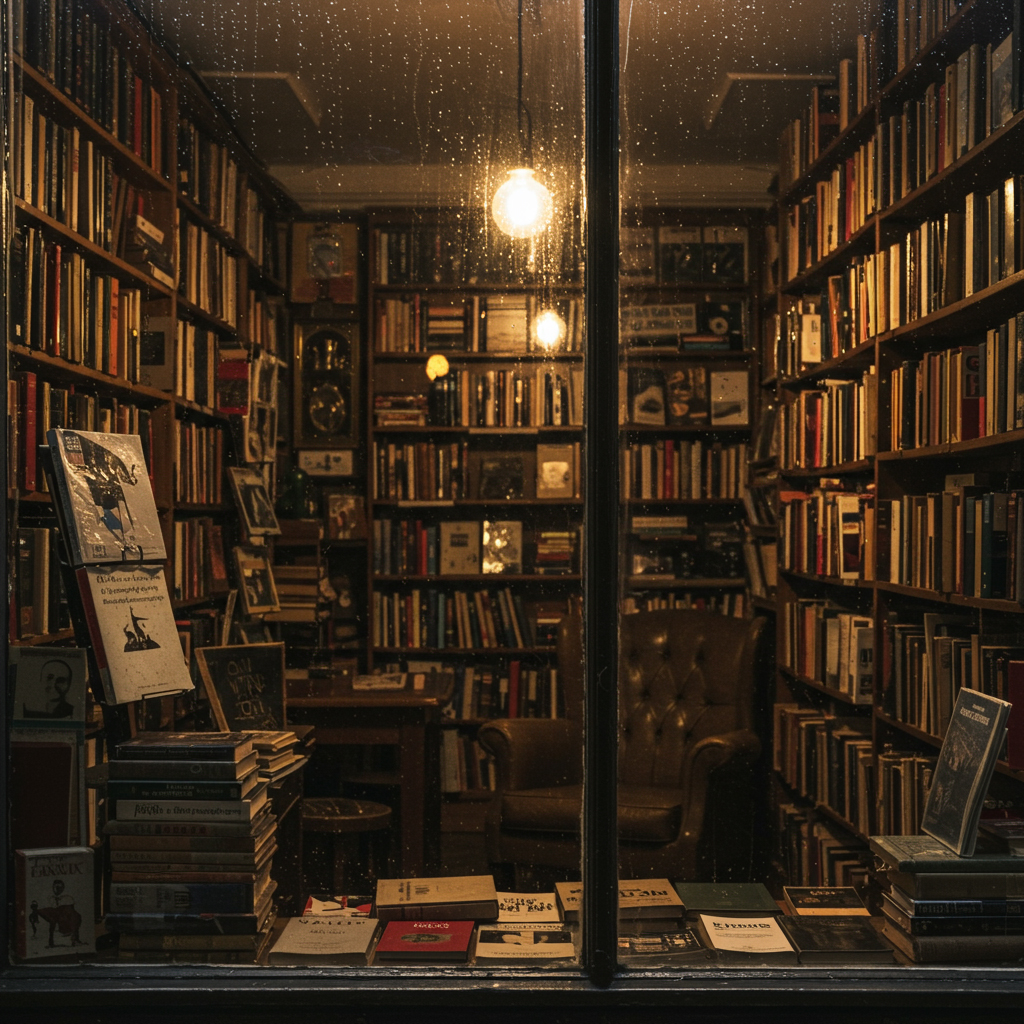 Inside a second-hand bookstore in Ghent with fogged windows and crooked bookshelves on a rainy afternoon.