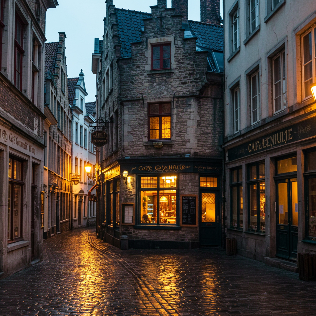 Café Galgenhuisje tucked between buildings on a rainy street in Ghent, warm light spilling onto wet cobblestones.