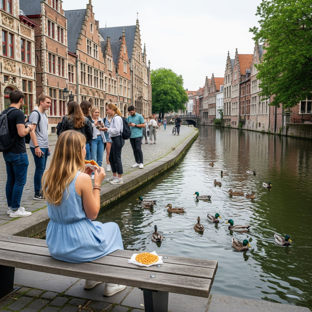 A solo traveller enjoying a waffle by the Graslei canal in Ghent, watching the water and passersby.