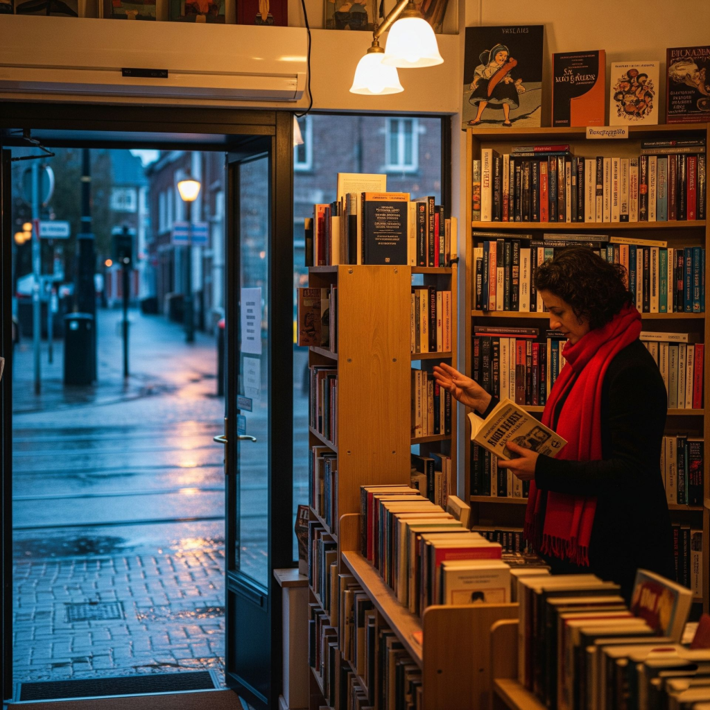 Inside a quiet bookstore in Ghent as dusk falls, a woman choosing a book with rain outside.