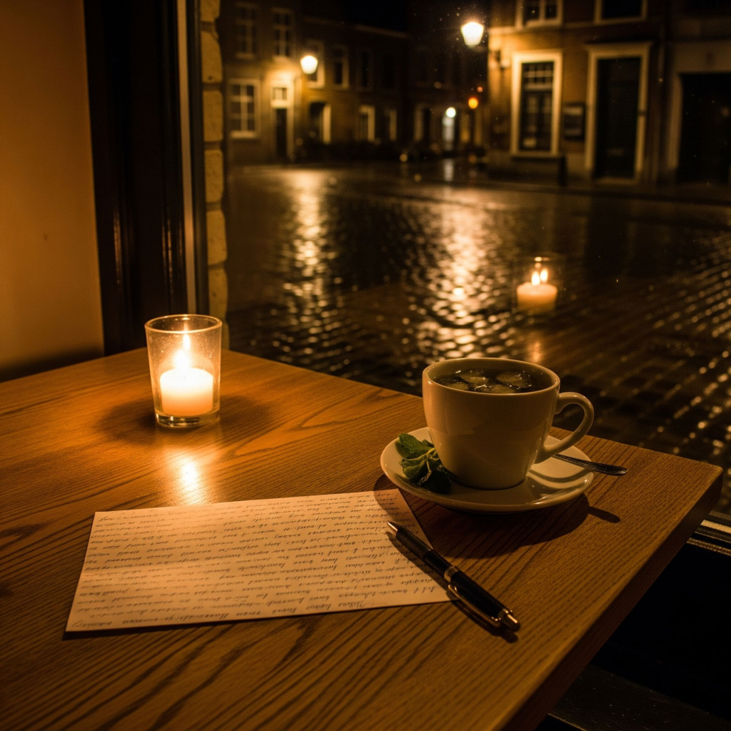 A handwritten letter beside cold mint tea on a café table in Ghent, lit softly by candlelight.