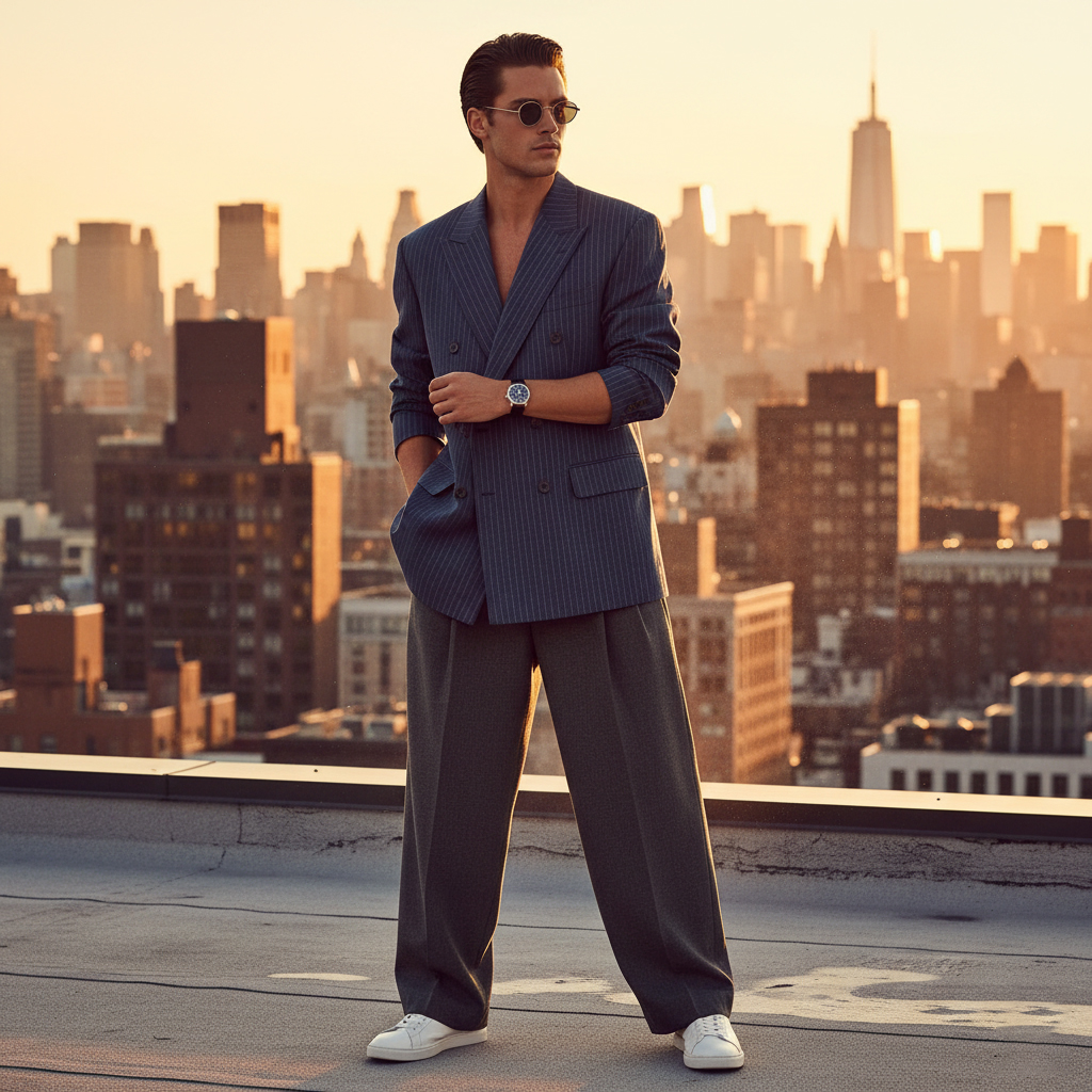 Man wearing a modern 1980s-inspired power suit—oversized navy pinstripe blazer, wide-leg grey trousers, and white sneakers—standing on a rooftop in New York City at sunset.