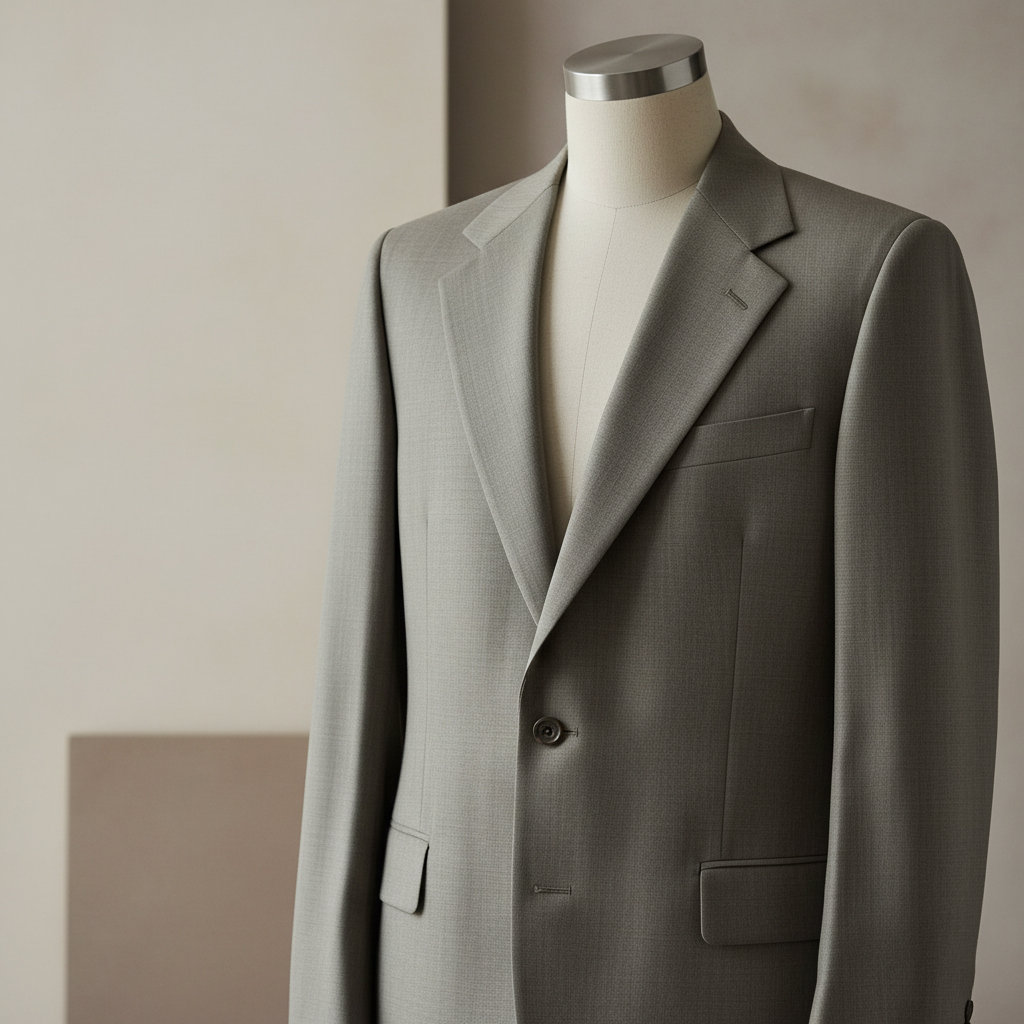 Vintage Armani greige blazer in softly structured tailoring, styled with relaxed trousers. Timeless 1980s design reimagined for 2025, photographed in elegant natural light.