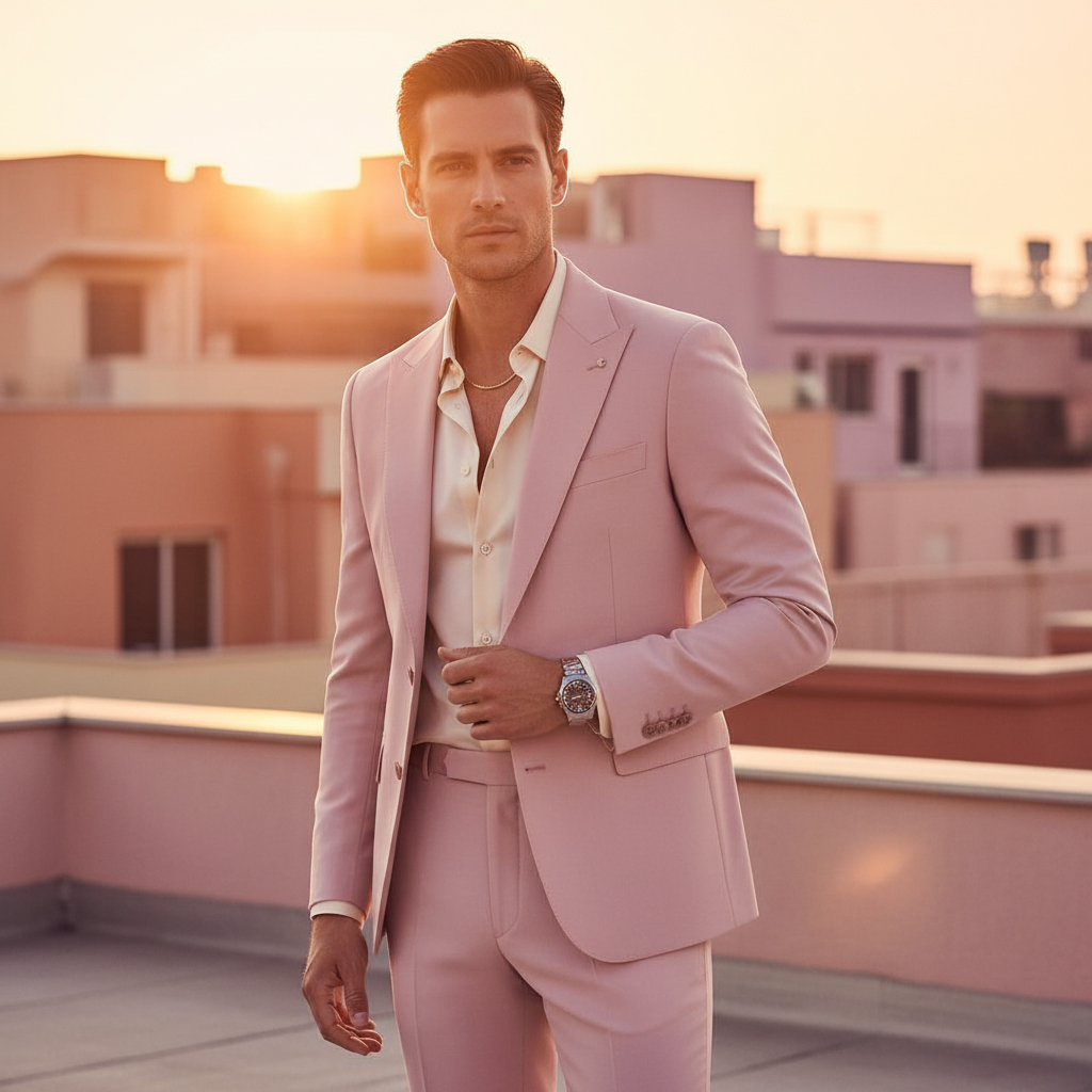 Man in a pastel blush pink tailored suit, styled with minimalist accessories, photographed in soft sunset light in an urban setting. Modern reinterpretation of the iconic 1980s Miami Vice style.