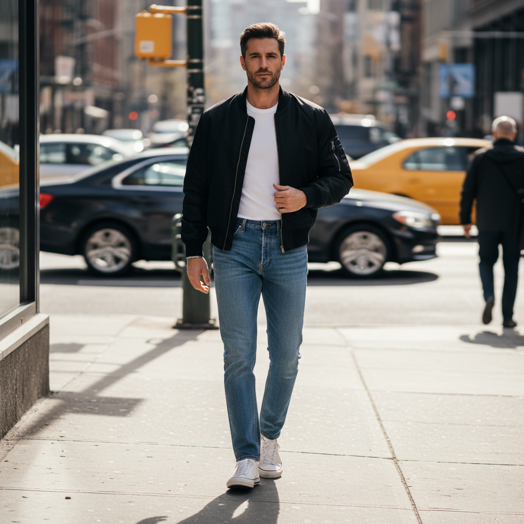 Street-style photo of a man wearing high-waisted tapered jeans, a tucked-in white tee, and a bomber jacket, standing on an urban sidewalk with blurred traffic in the background.