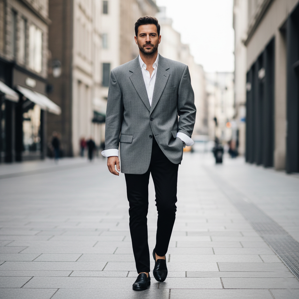 Man in an oversized grey blazer walking down a city street, styled with slim black trousers and rolled sleeves, capturing the 1980s boxy silhouette reimagined for 2025.