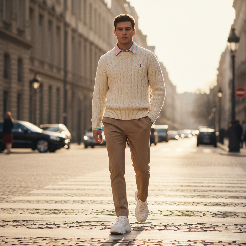 Young man in a cream cable-knit sweater and chunky sneakers, styled in a modern preppy 80s look with slim trousers and sunglasses.