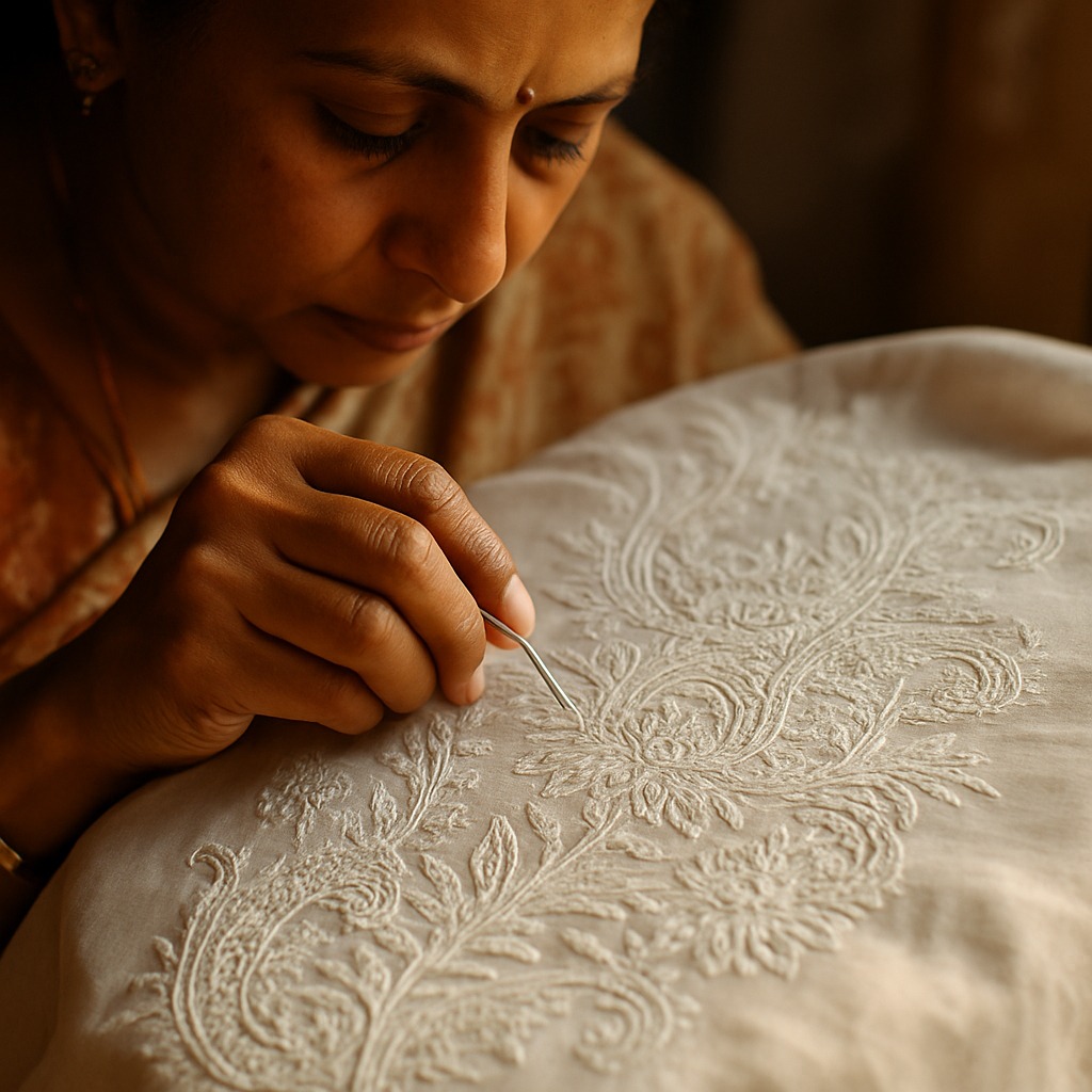 Handcrafted elegance — the timeless art of Chikankari in motion. Indian artisan creating intricate Chikankari embroidery on white cotton fabric under warm natural light.