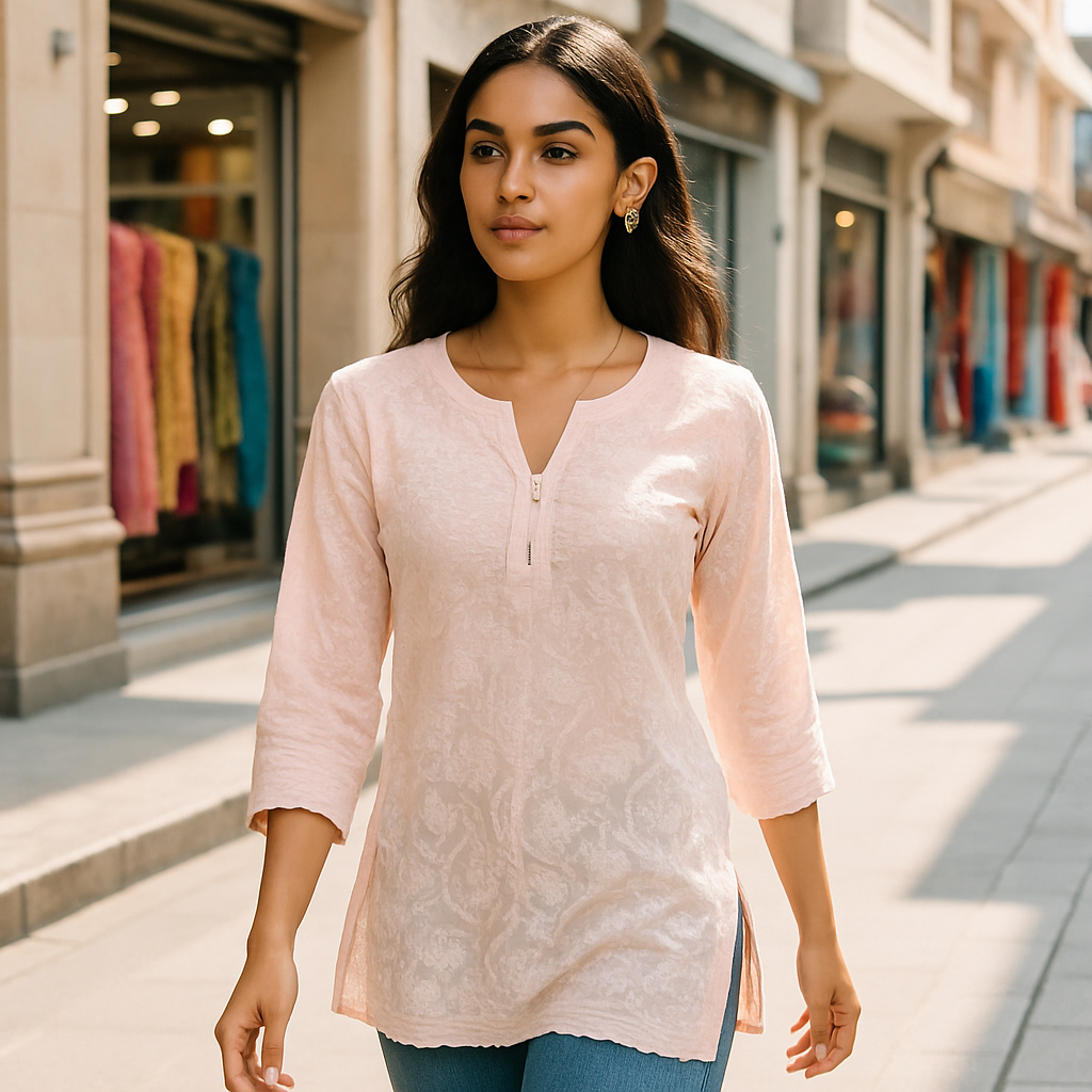 From tradition to trend — Chikankari owns 2025’s spotlight. Trendy Indian woman wearing a Chikankari kurti in 2025 street style.