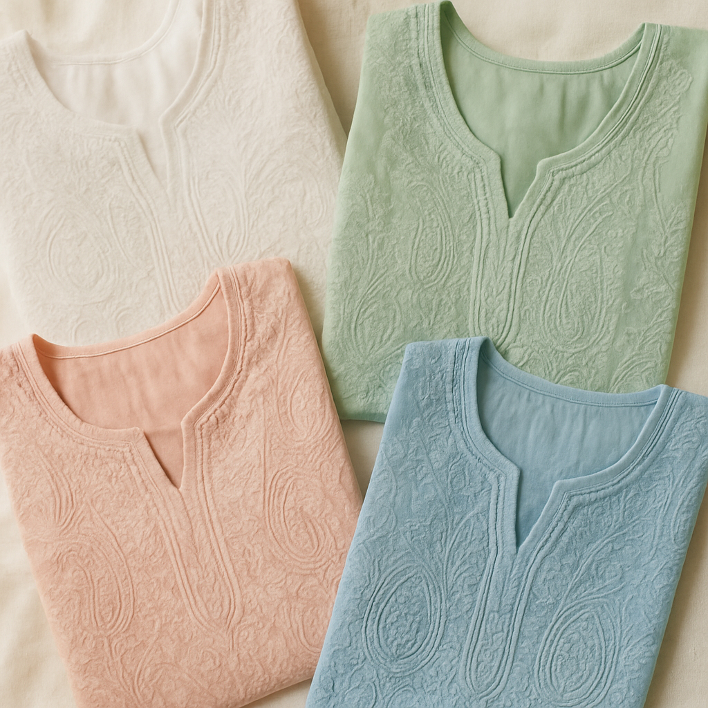 Each fabric tells its own Chikankari story. Variety of Chikankari kurtis in cotton, georgette, and muslin fabrics.