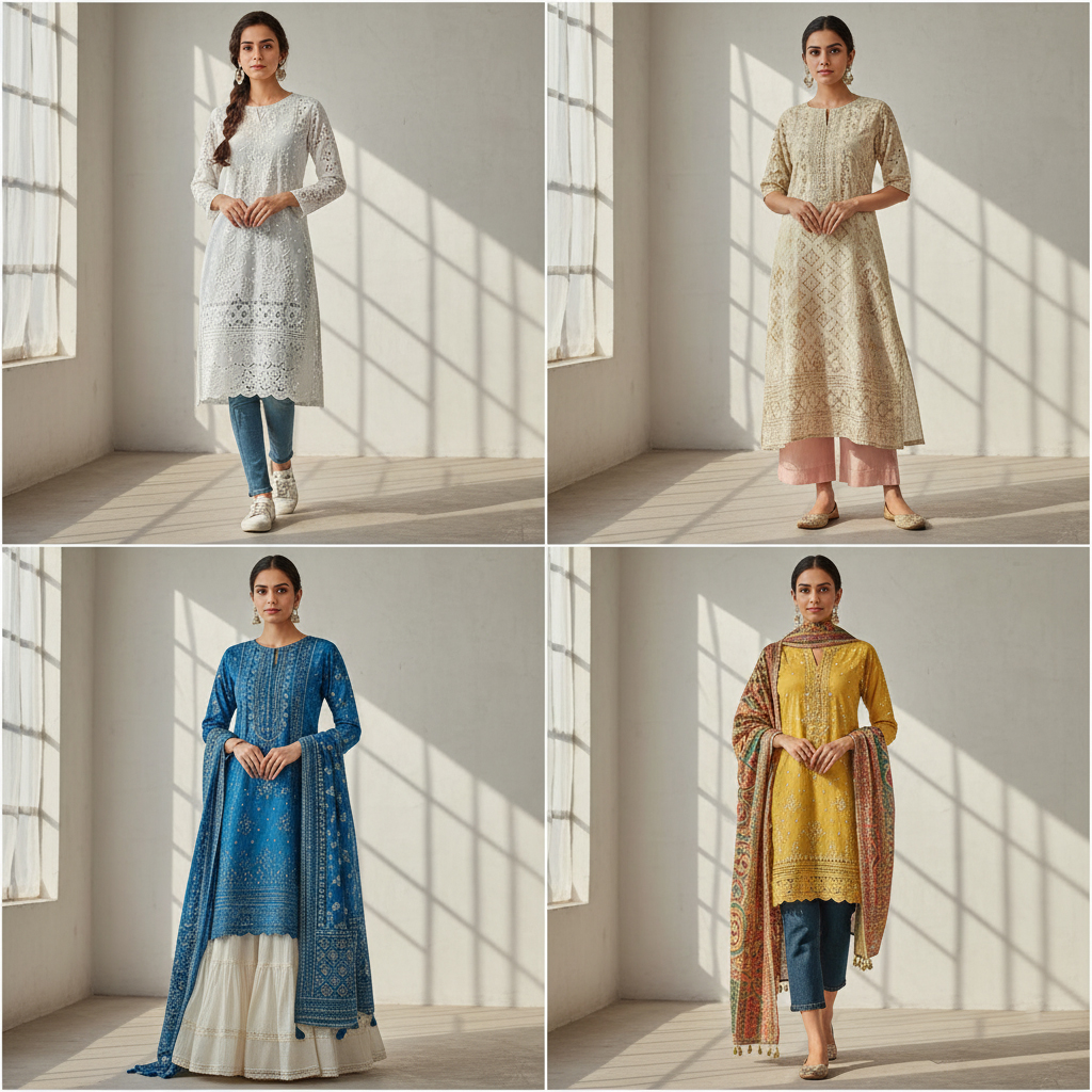 One kurti, endless styling possibilities. Multiple styling ideas for Chikankari kurtis in modern outfits.