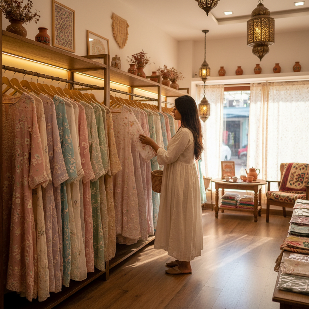 Where craftsmanship meets your next wardrobe favorite. Boutique showcasing handcrafted Chikankari kurtis for sale.