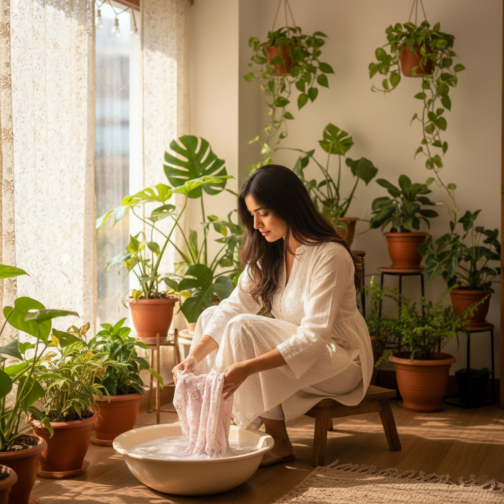 Keep the grace — handle with care. Handwashing a Chikankari kurti with gentle care.