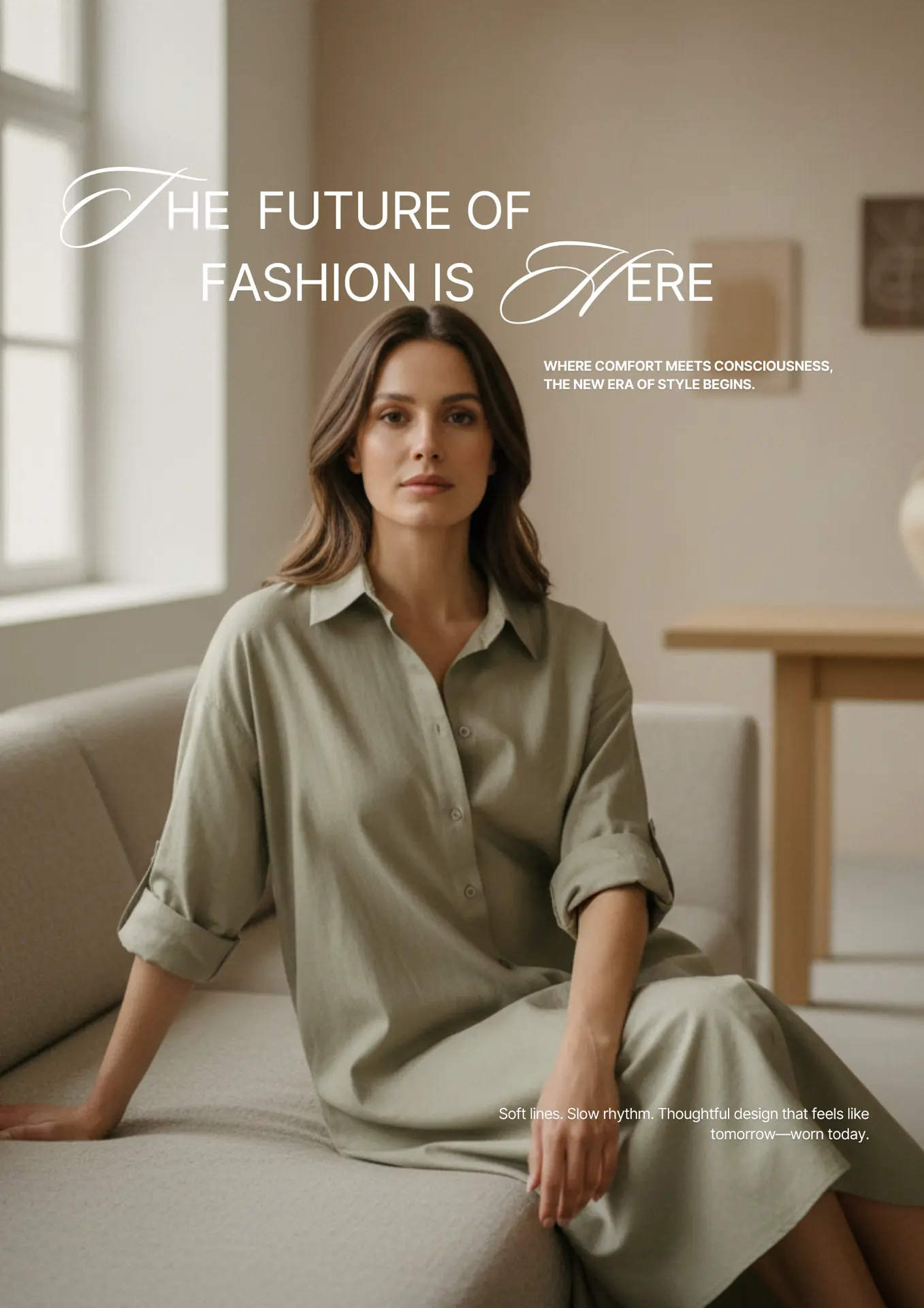 Elegant woman in soft neutral tones, photographed for The Pink Story Magazine’s Winter Glow edition.