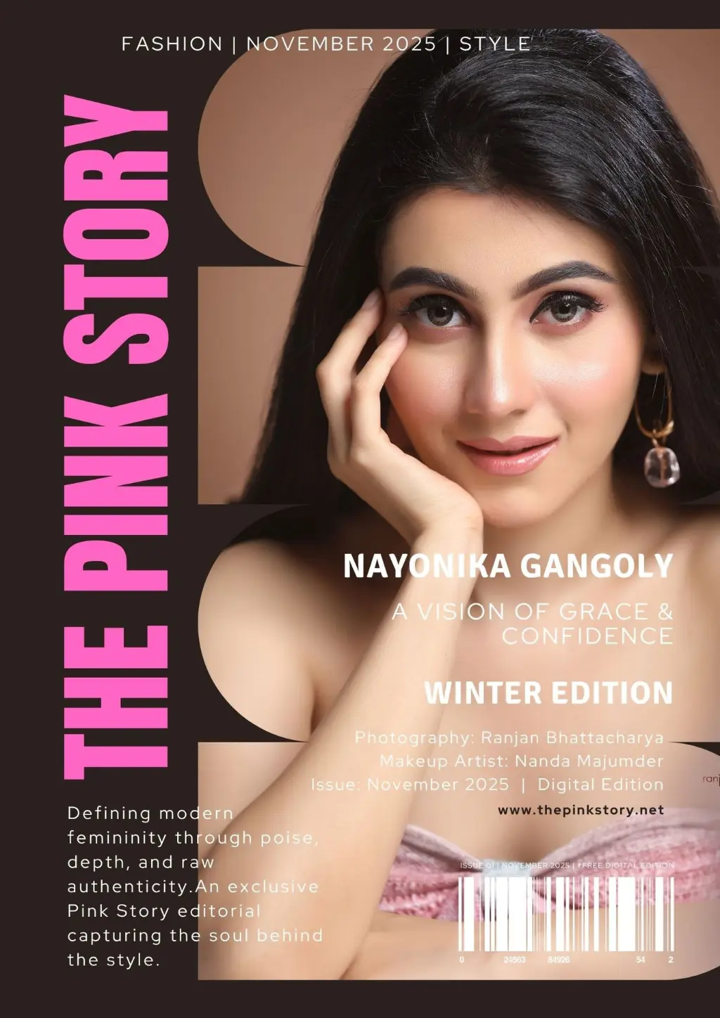 Nayonika Gangoly on the cover of The Pink Story Magazine Winter Glow Edition — a celebration of grace and confidence.