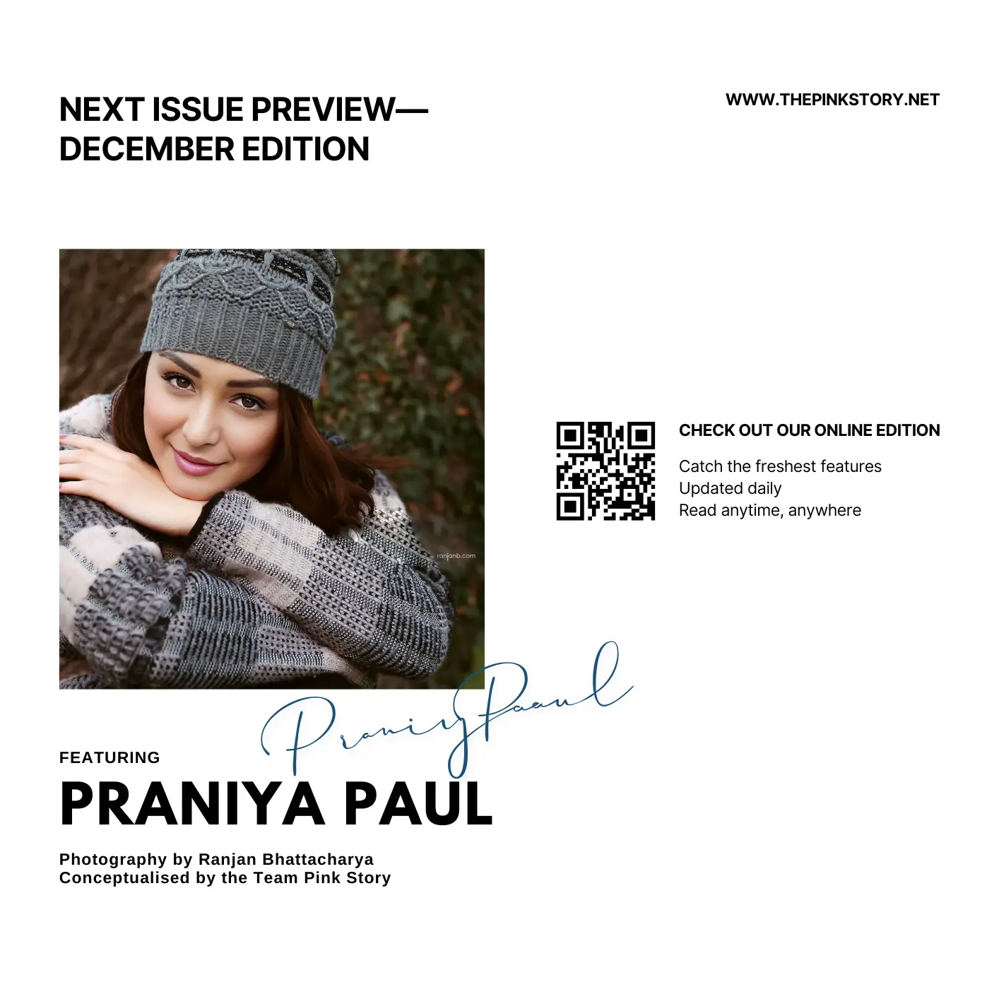 Praniya Paul in The Pink Story December 2025 Edition — winter portrait in cozy knitwear, photographed by Ranjan Bhattacharya.