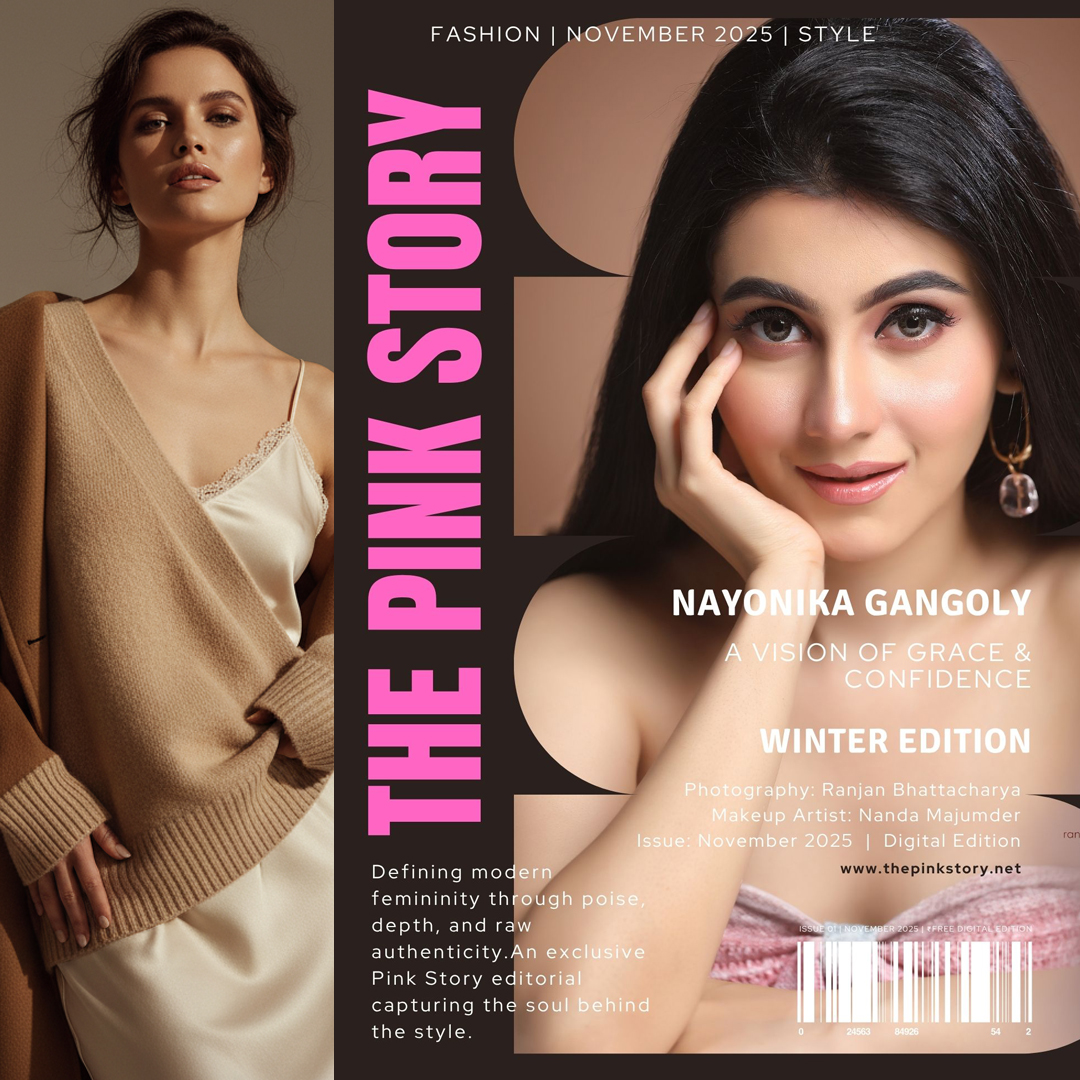 Nayonika Gangoly on the cover of The Pink Story Magazine Winter 2025 Edition — photographed by Ranjan Bhattacharya, makeup by Nanda Majumder. A digital editorial capturing modern Indian fashion and timeless confidence.