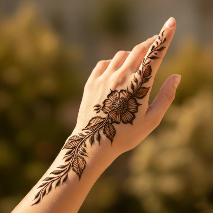 Hand with Arabic-style mehndi vine featuring bold flowers and spaced leaves drawn diagonally across the hand, minimal yet elegant.