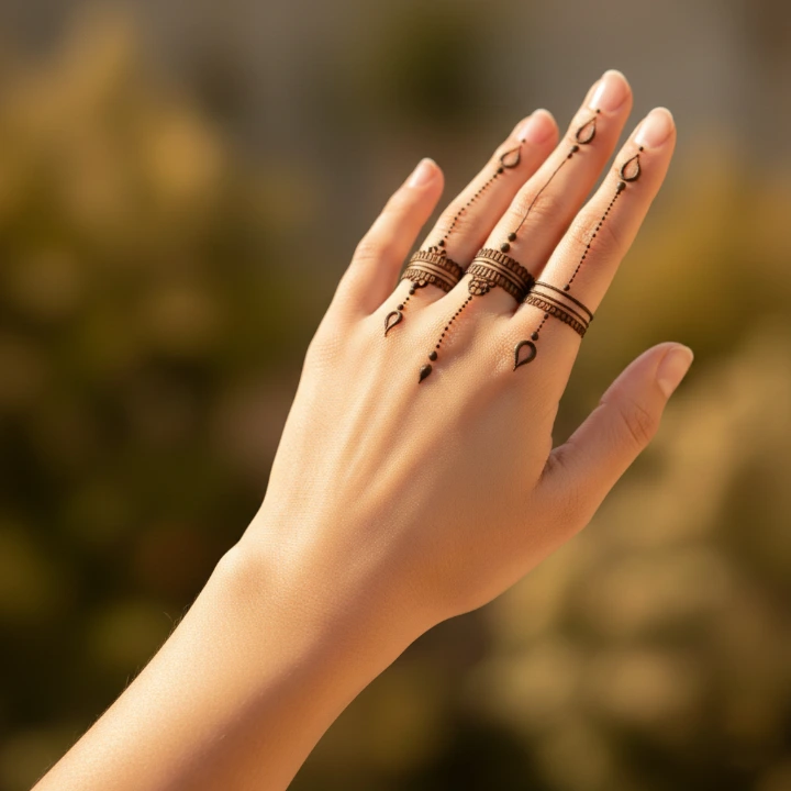 Minimal mehndi design on fingers resembling delicate ring bands and chain motifs, mimicking hand jewelry.