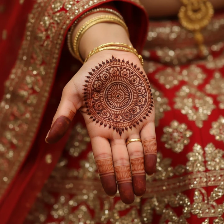 Bridal hand with a centered mandala mehndi design, surrounded by clean skin for elegant contrast