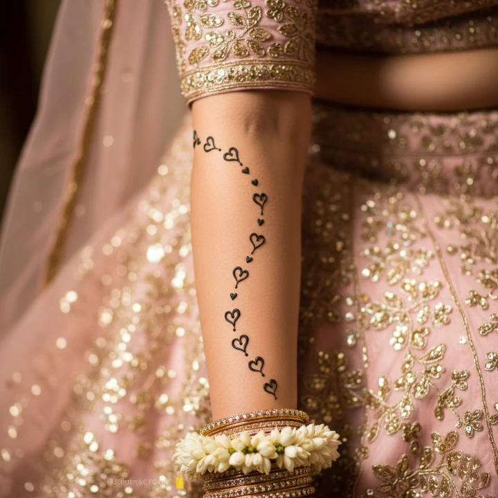 Bridal forearm with a delicate trail of tiny henna hearts forming a romantic pattern