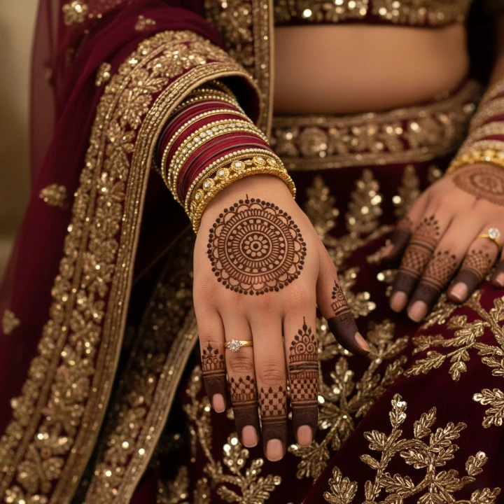 Single mandala mehndi on the back of a bride’s hand, minimal and elegant design