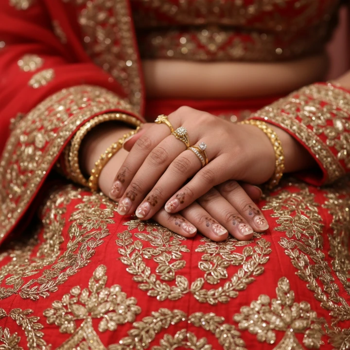 Bridal hands with floral mehndi on fingertips and traditional red lehenga