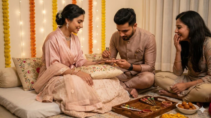 Bride in a soft pink outfit getting mehndi applied on her hand by a male artist, while a friend watches and smiles in a cozy festive setting.