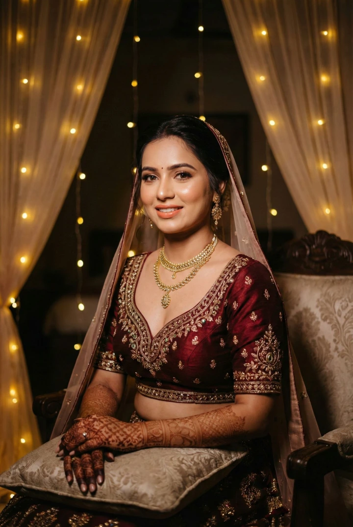 Indian bride sitting gracefully in maroon bridal lehenga, lit by golden fairy lights – shot by a top wedding photographer in India